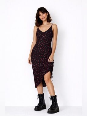 Urban Outfitters Ditsy Rose Print Midi Dress M Black Red Floral Slip Dress Ruch